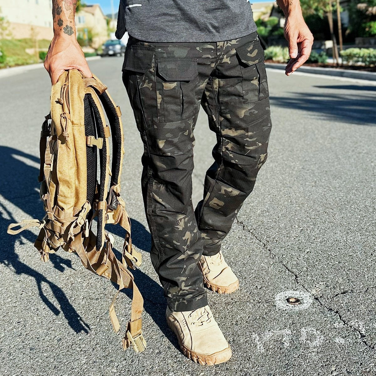 Waterproof Tactical Trousers – Men's Dark Camo Rip-Stop