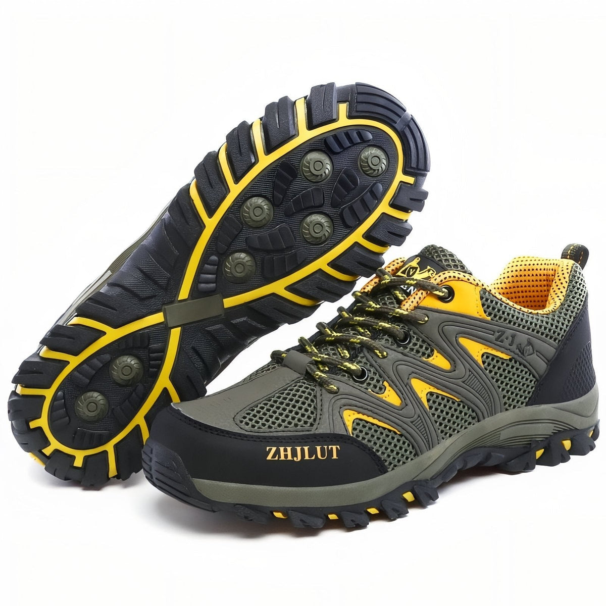 Hiking Shoes – Men's Grippy Lugged Sole with Toe Protection – Olive Green and Yellow