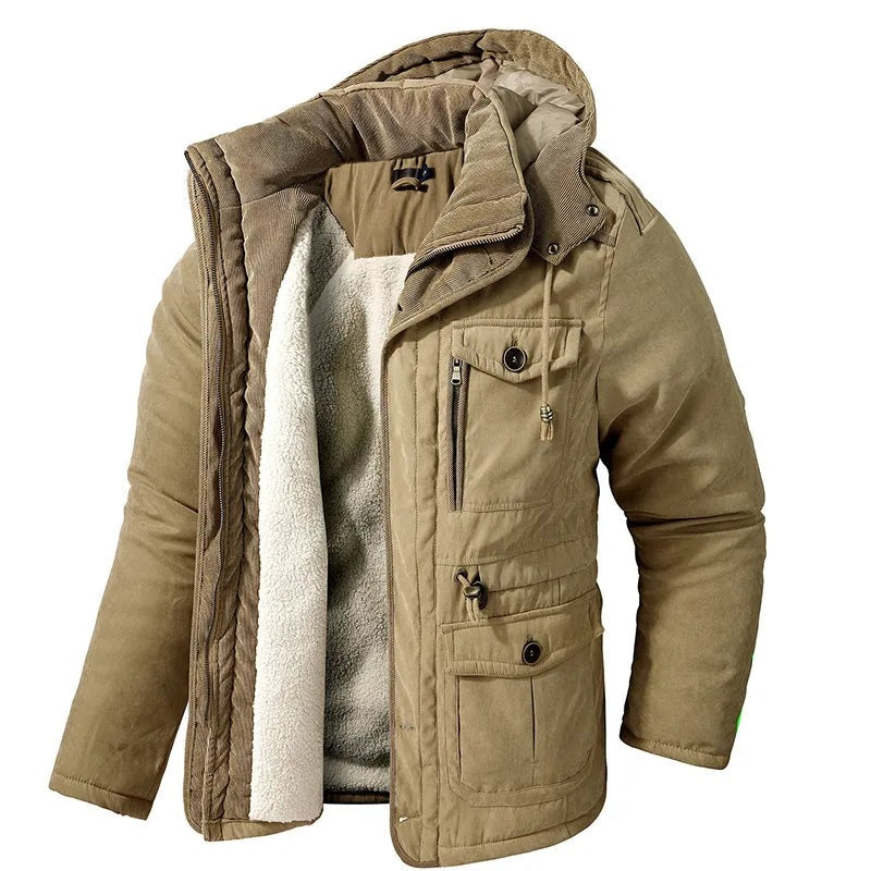 Men's Lined Winter Jacket – Warm Windproof Water-Repellent Coat – Khaki