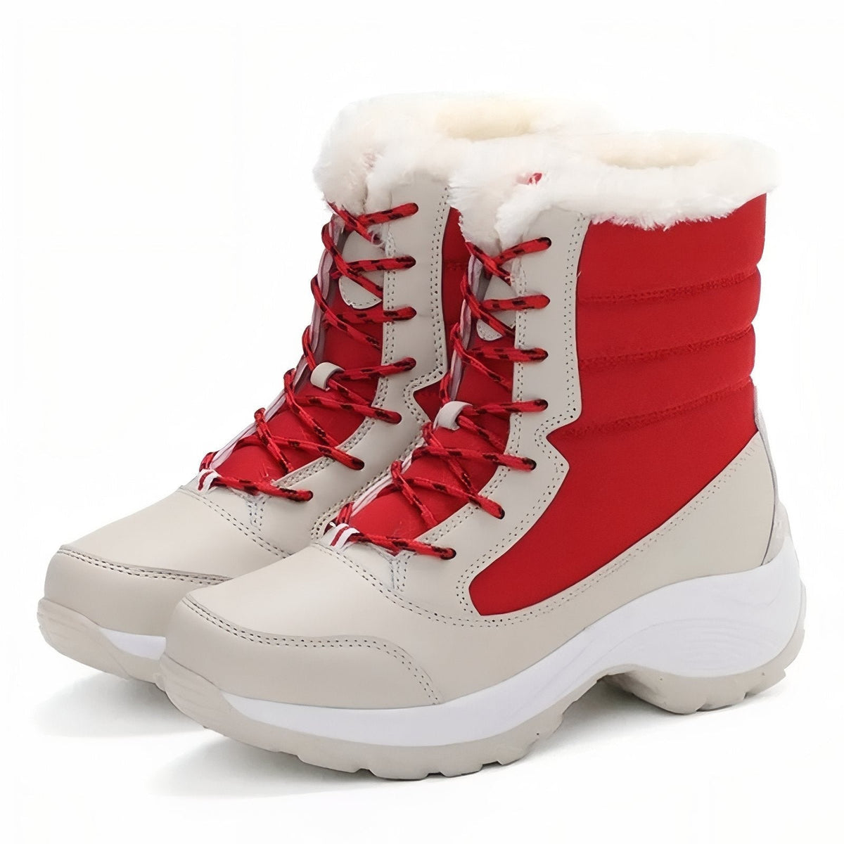 Snow Boots – Women's Insulated Waterproof Winter Boots – Beige and Red