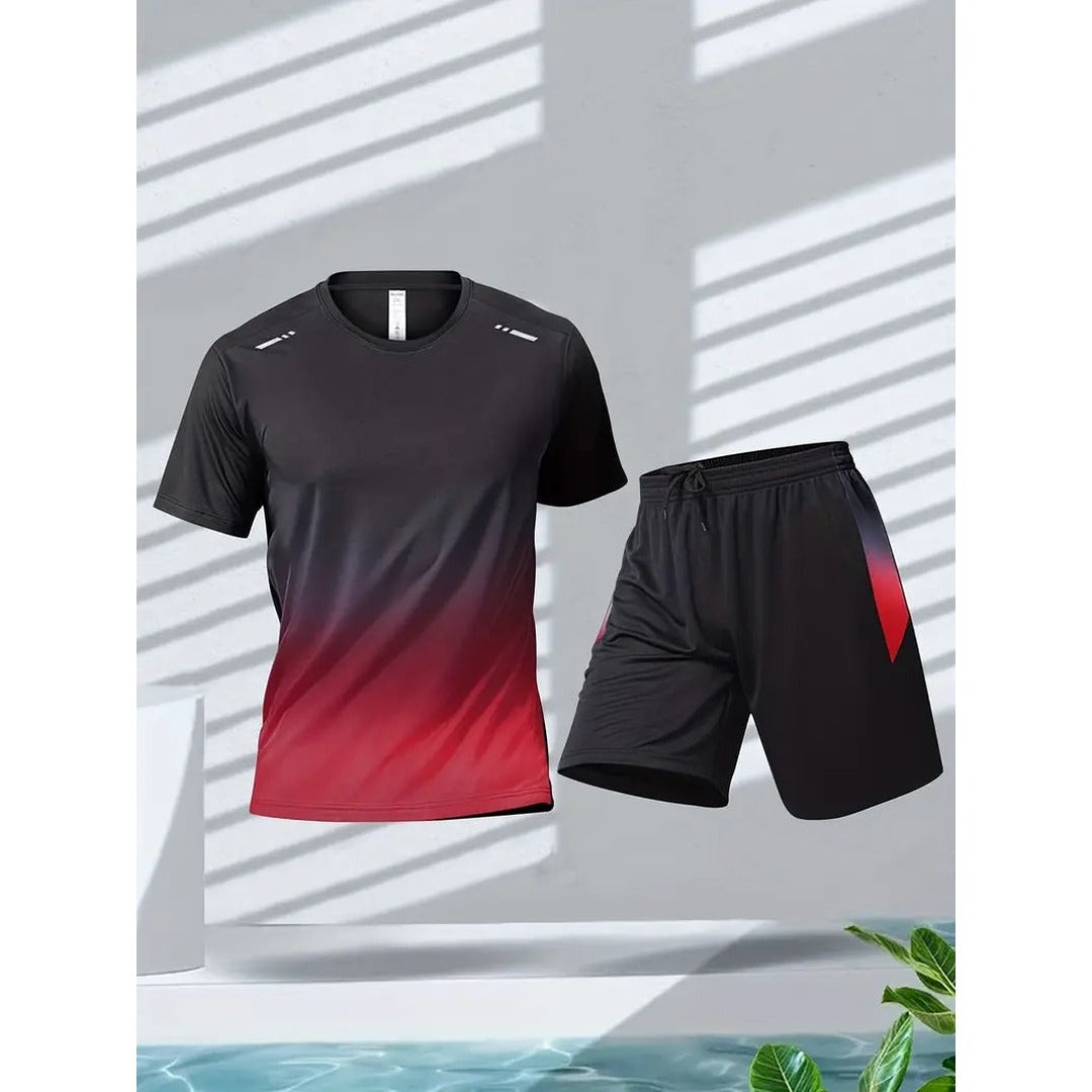 Sports Set – Men's 2-Piece Performance Shorts & T-Shirt – Black-Red