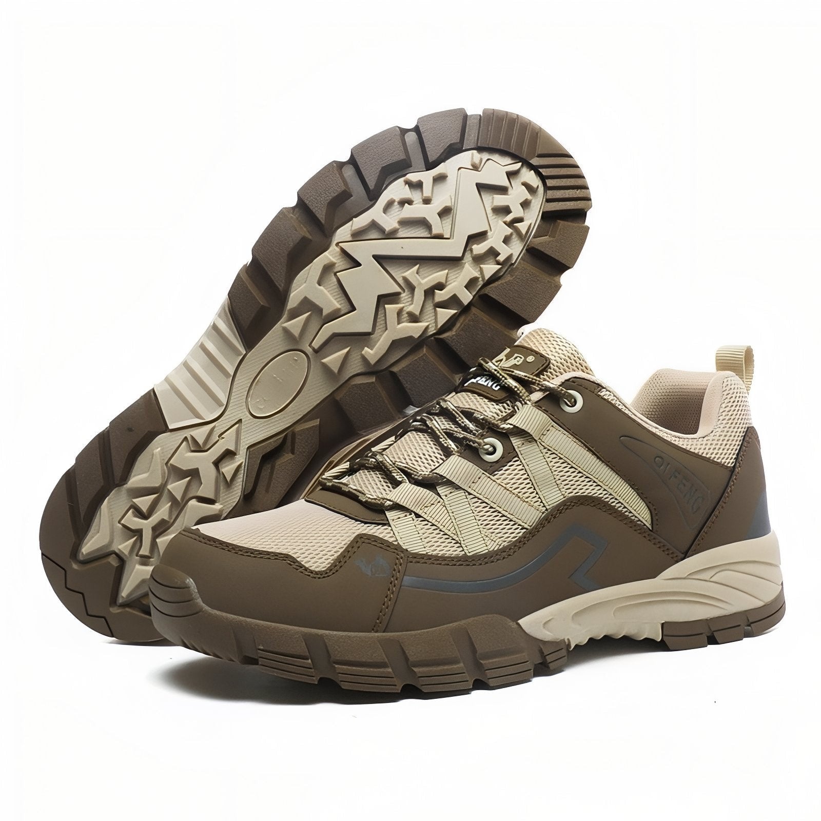 Walking Shoes – Men's Low-Cut Grippy Zigzag Sole Shoes – Beige and Brown