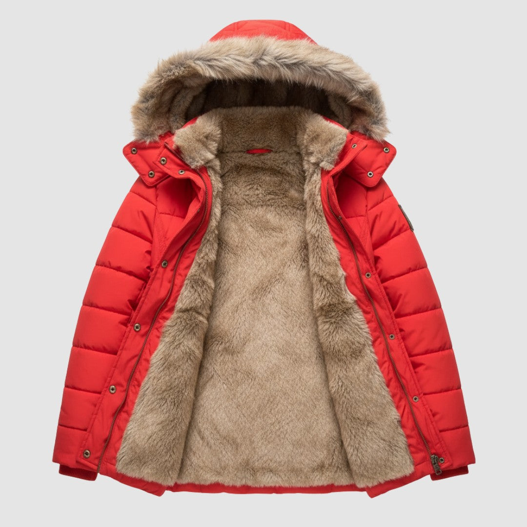 Women's Quilted Jacket – Padded Warm Hooded Winter Coat – Red