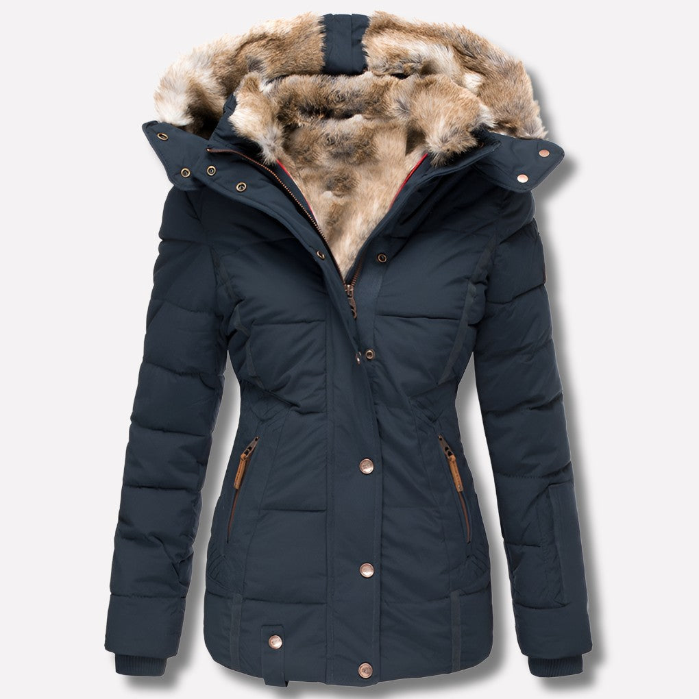 Women's Quilted Jacket – Padded Warm Hooded Winter Coat – Navy