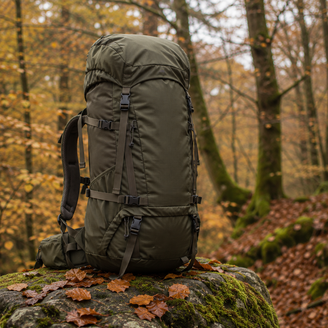 Green trekking backpack standing on a mossy rock in an autumn forest — AtlasGears