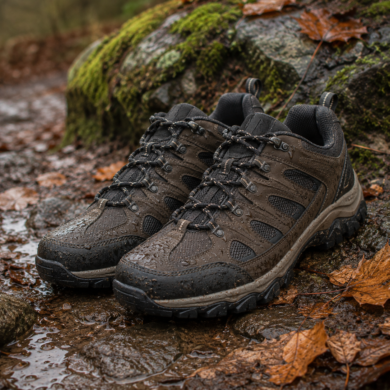 Pair of brown waterproof low-cut hiking shoes on a wet rock with autumn leaves — AtlasGears