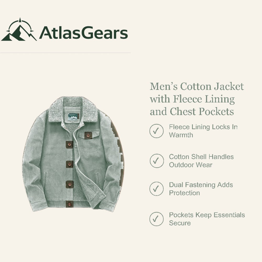Men's Fleece-Lined Cotton Jacket – Warm Chest-Pocket Outdoor Coat