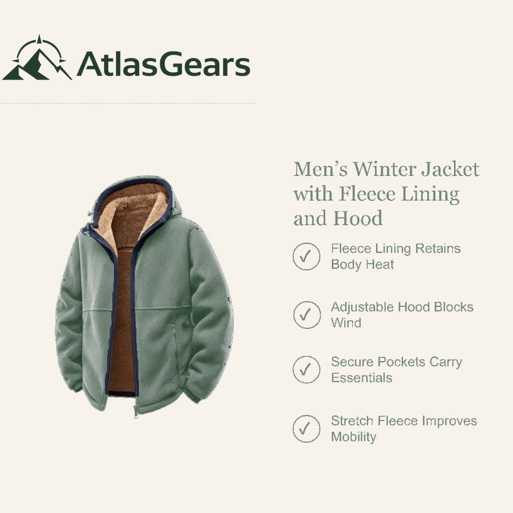 Men's Fleece-Lined Winter Jacket – Hooded Warm Outdoor Coat