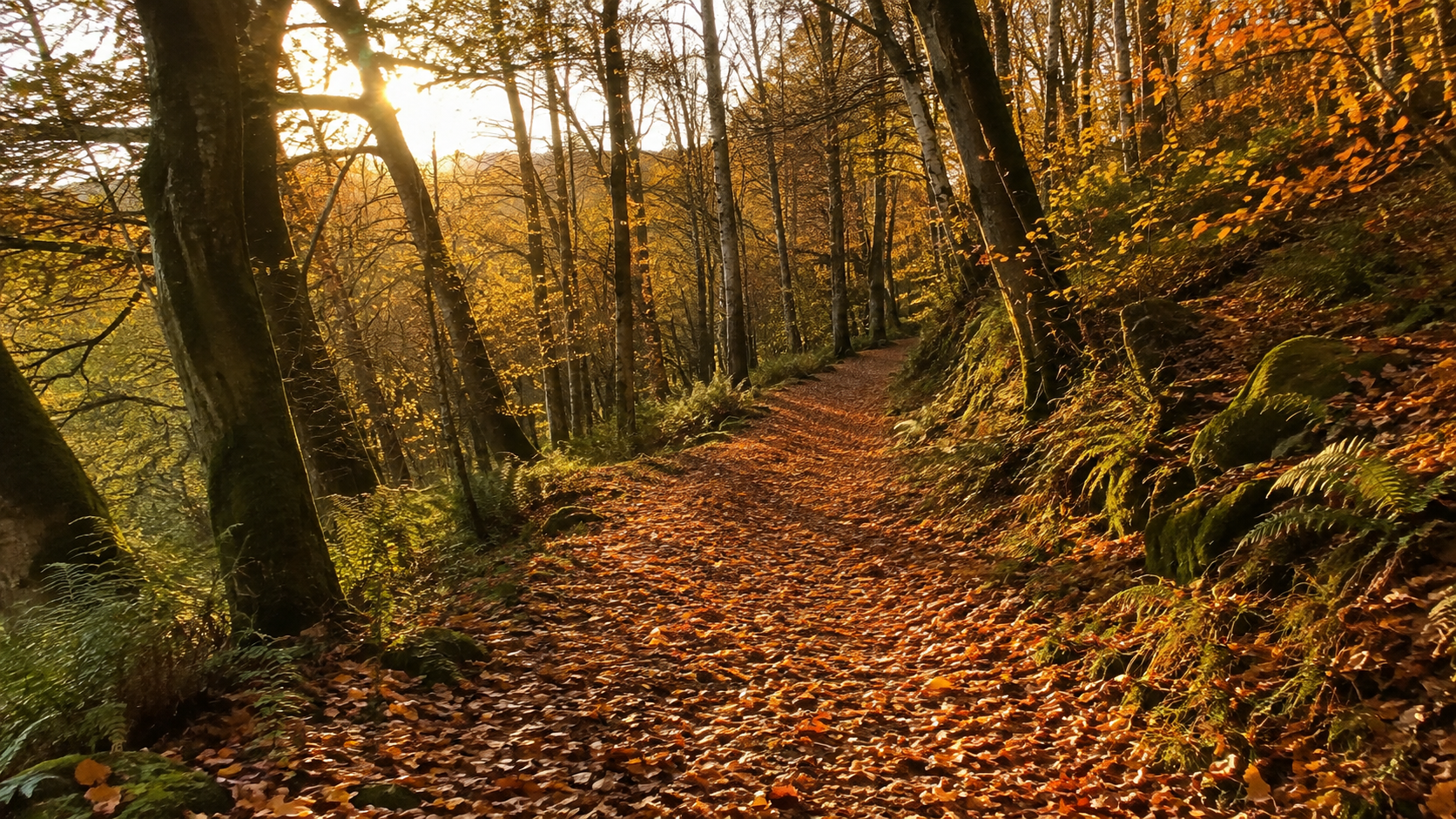 Golden autumn woodland path covered in fallen leaves — AtlasGears