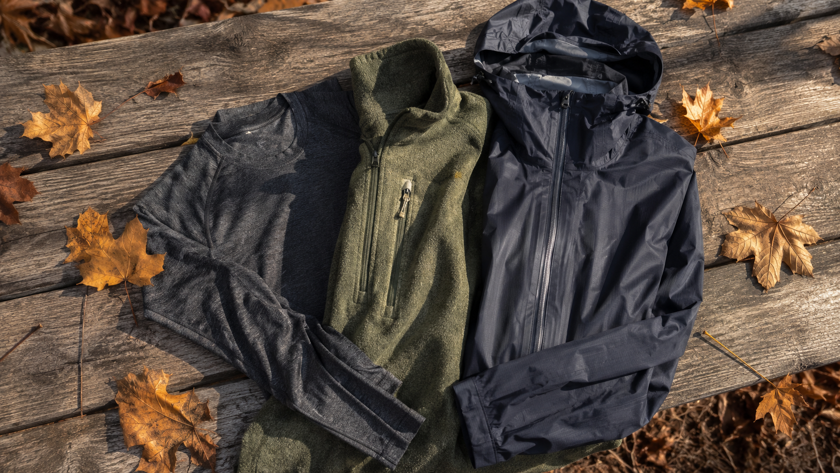 Base layer, fleece mid layer and waterproof jacket laid on wood — AtlasGears