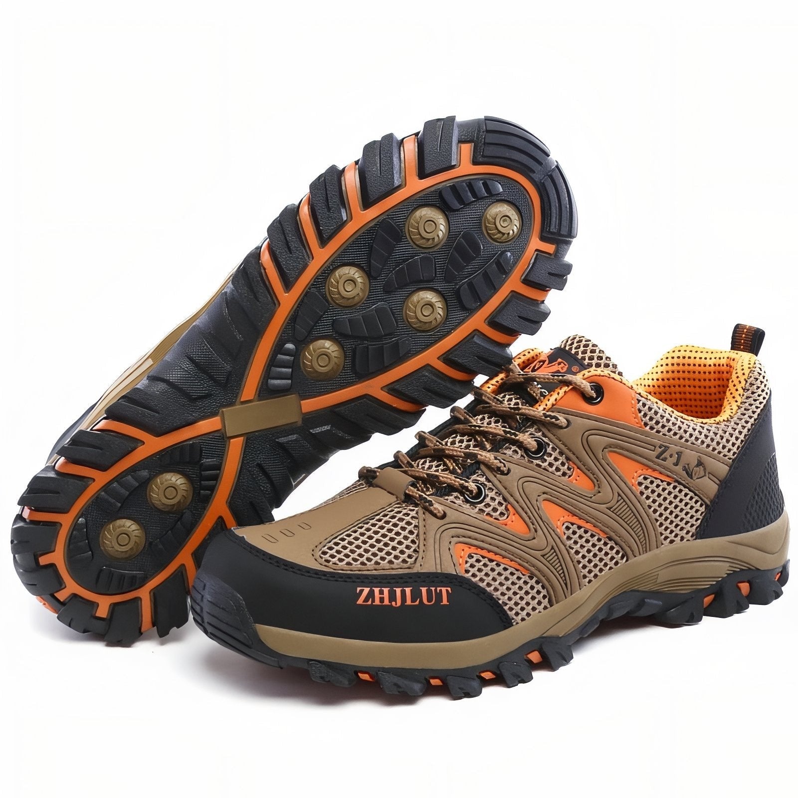 Hiking Shoes – Men's Grippy Lugged Sole with Toe Protection – Brown and Orange