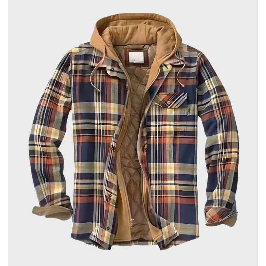 Men's Flannel Jacket – Checked Fleece-Lined Hooded Overshirt – Navy