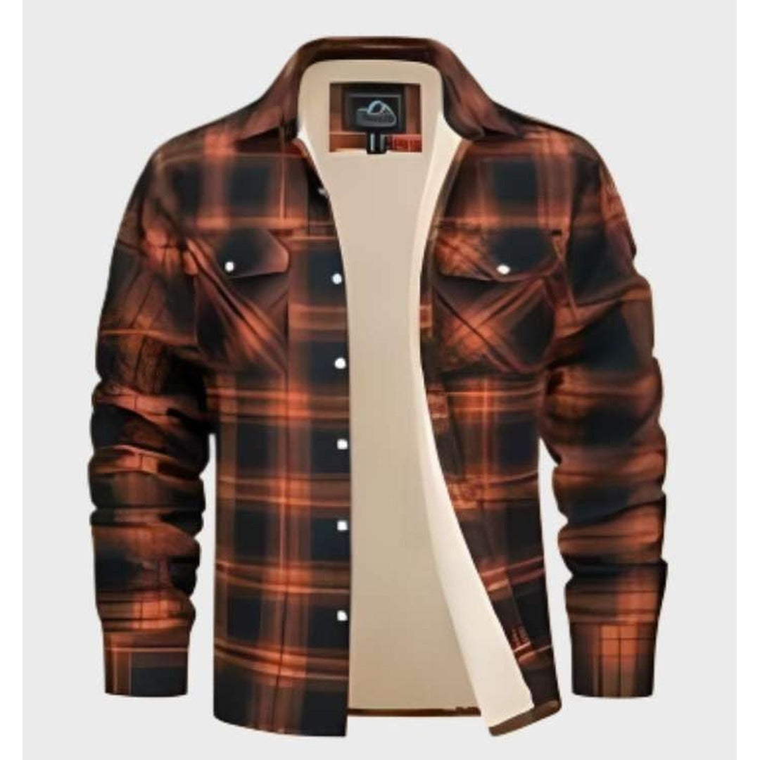 Men's Flannel Jacket – Vintage Fleece-Lined Overshirt Shacket – Orange