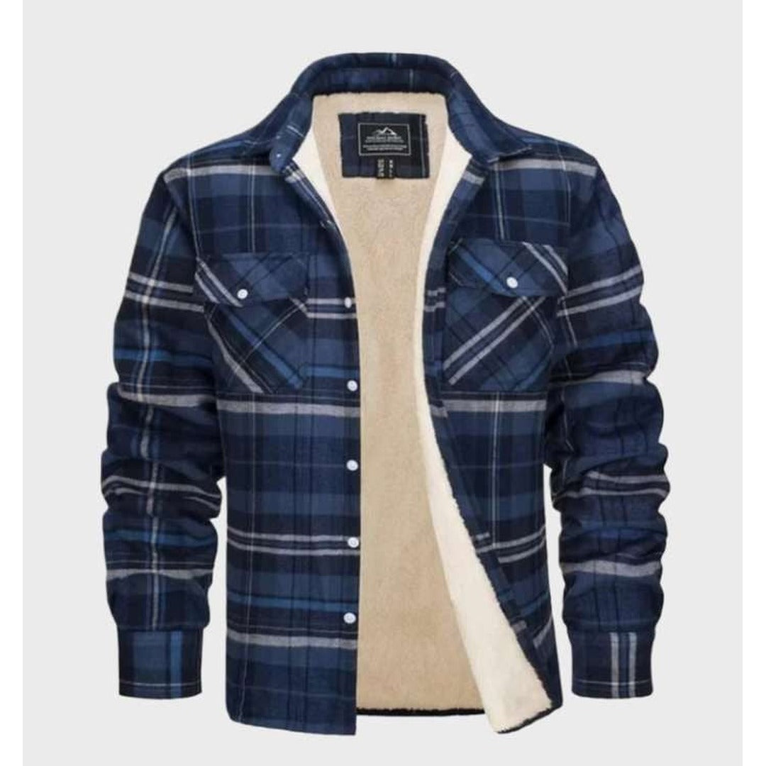 Men's Flannel Jacket – Vintage Fleece-Lined Overshirt Shacket – Blue/Grey