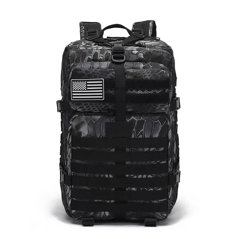 Military Travel Backpack – Ergonomic Padded Rucksack – Black Camo