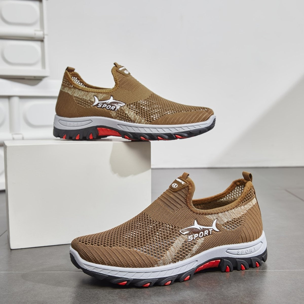 Walking Shoes – Lightweight Breathable Mesh Slip-On Shoes – Brown