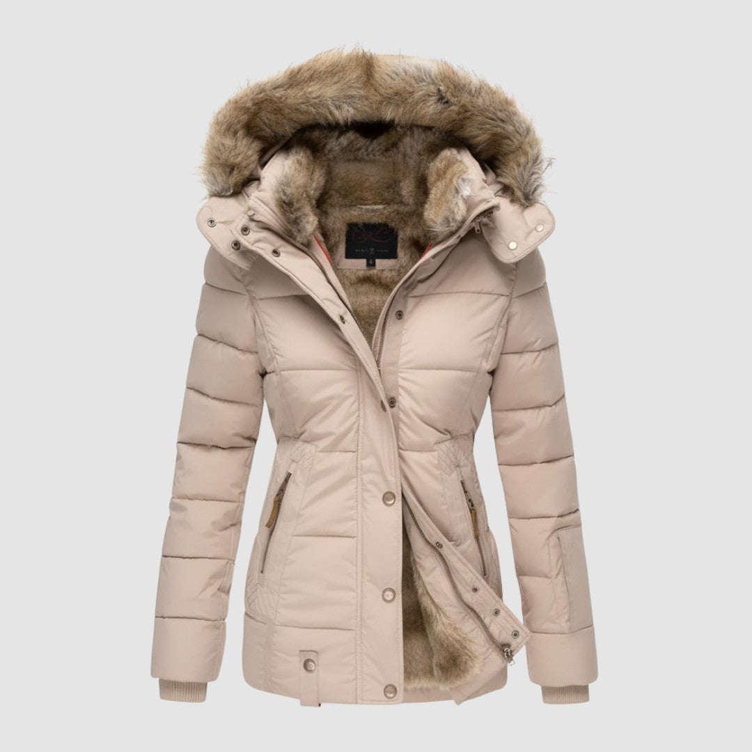 Women's Quilted Jacket – Padded Warm Hooded Winter Coat – Beige