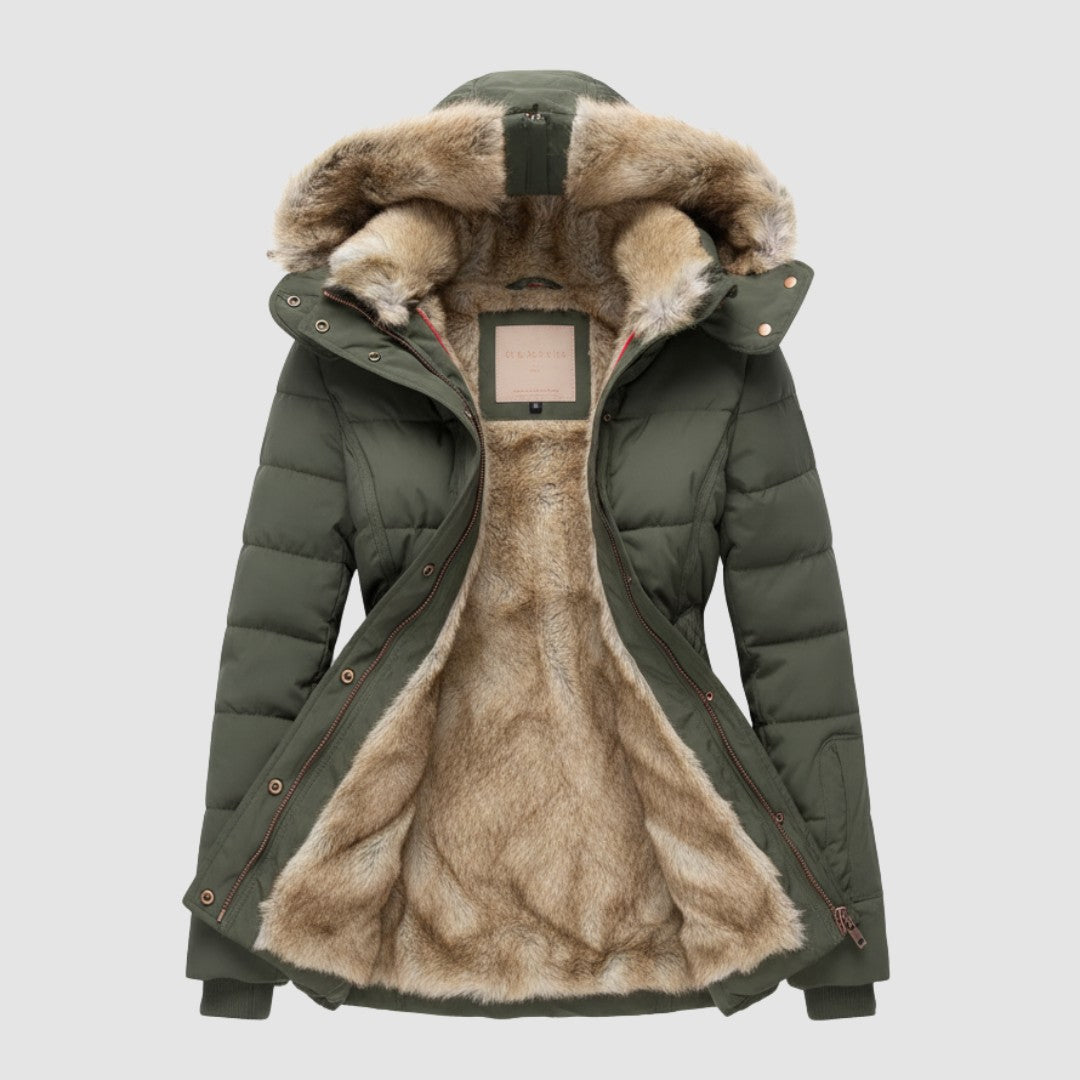 Women's Quilted Jacket – Padded Warm Hooded Winter Coat – Military Green