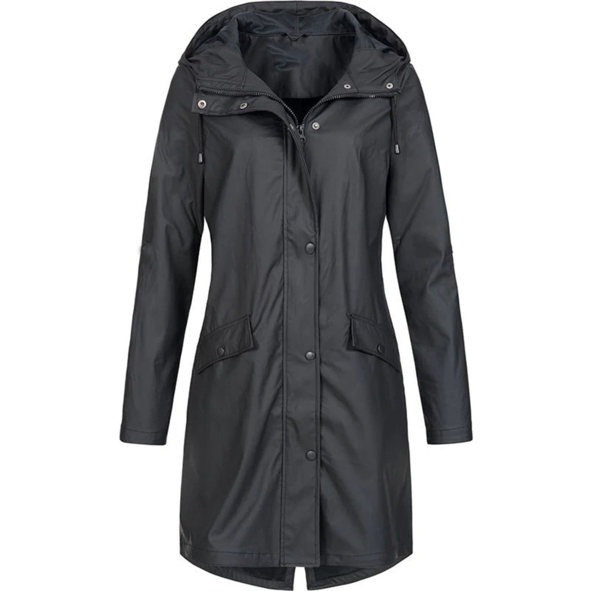 Women's Raincoat – Waterproof Hooded Longline Rain Jacket – Black
