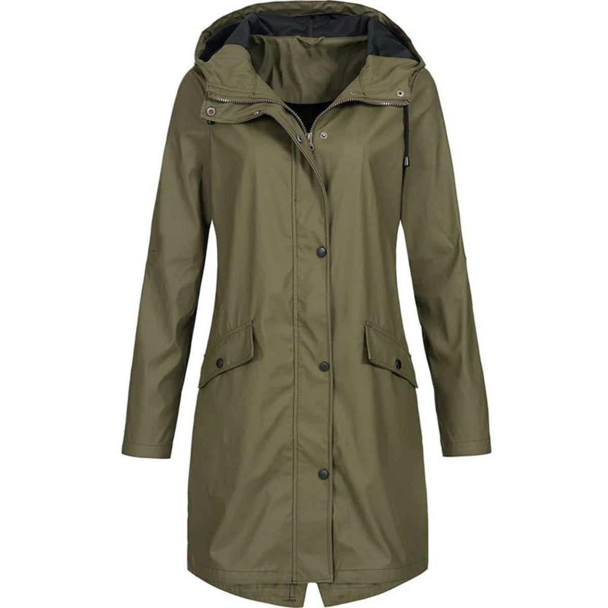 Women's Raincoat – Waterproof Hooded Longline Rain Jacket – Green