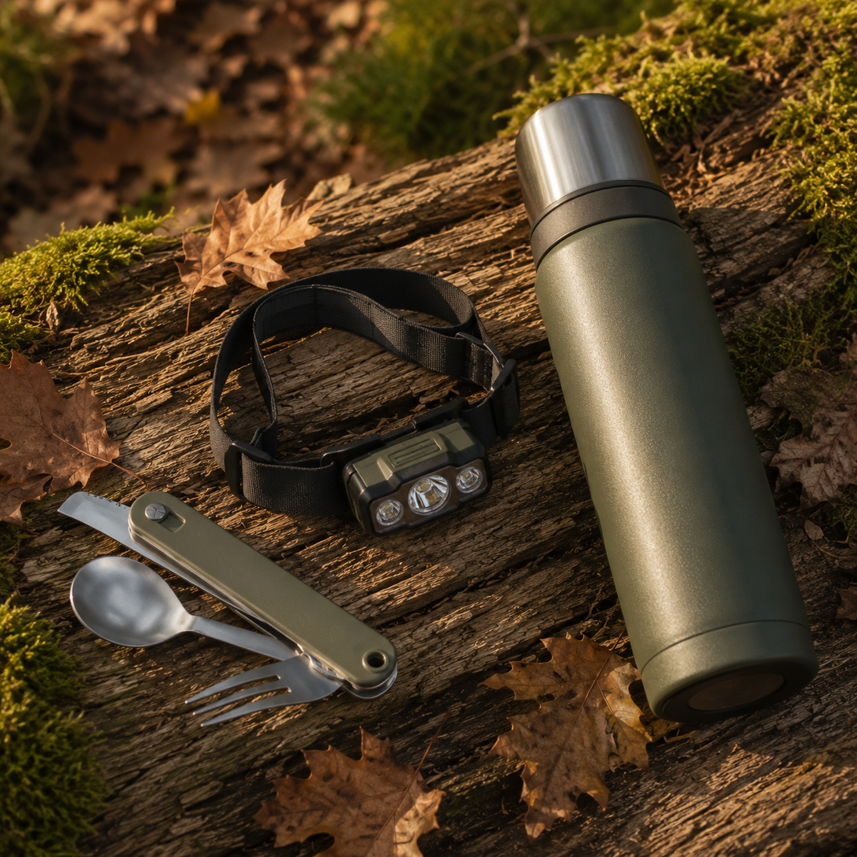Camping gear flat-lay on a mossy log — green insulated flask, LED head torch and folding camping cutlery — AtlasGears