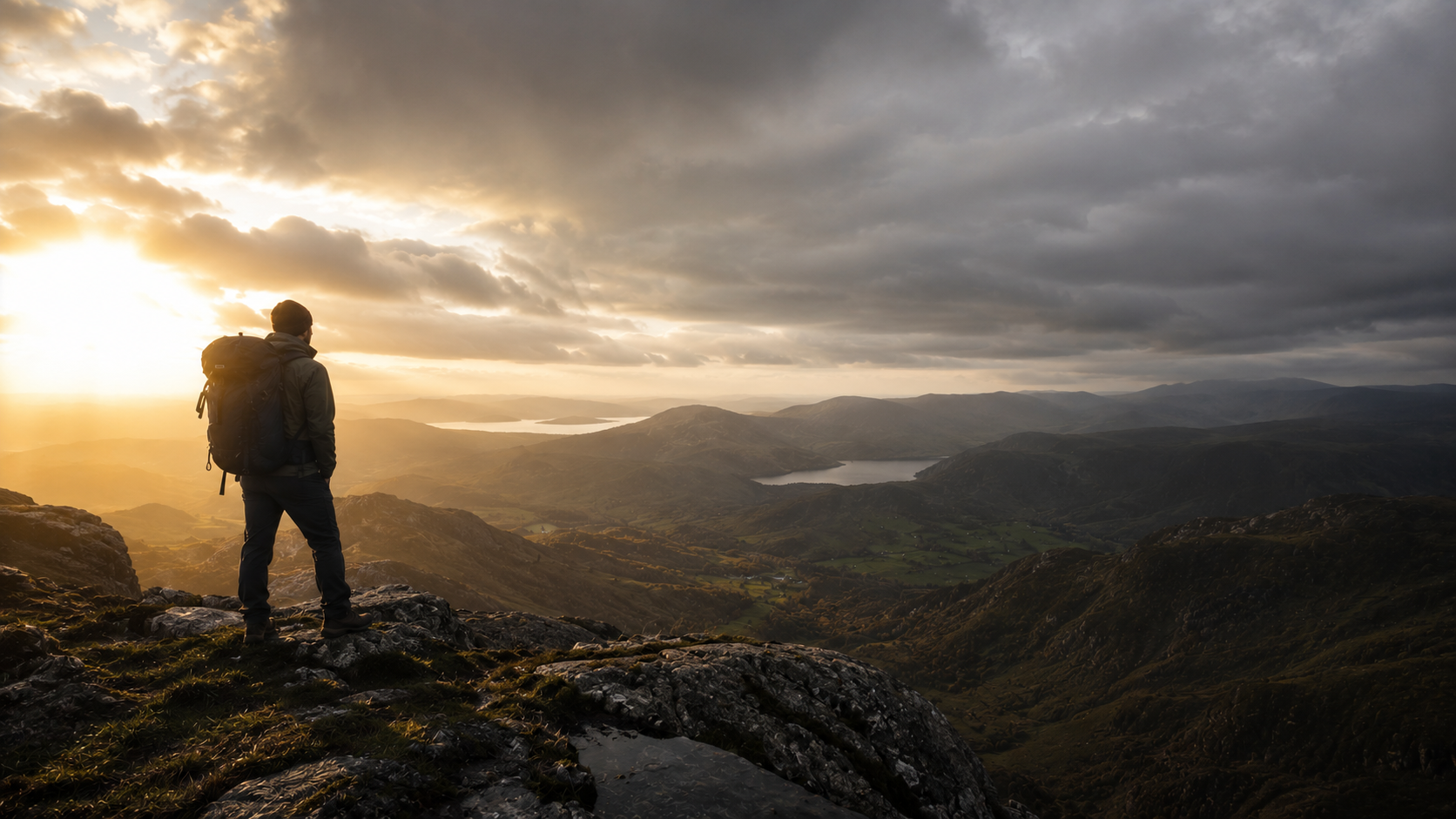 Hiker with a backpack standing on a mountain summit at sunset, overlooking a valley and lake — AtlasGears