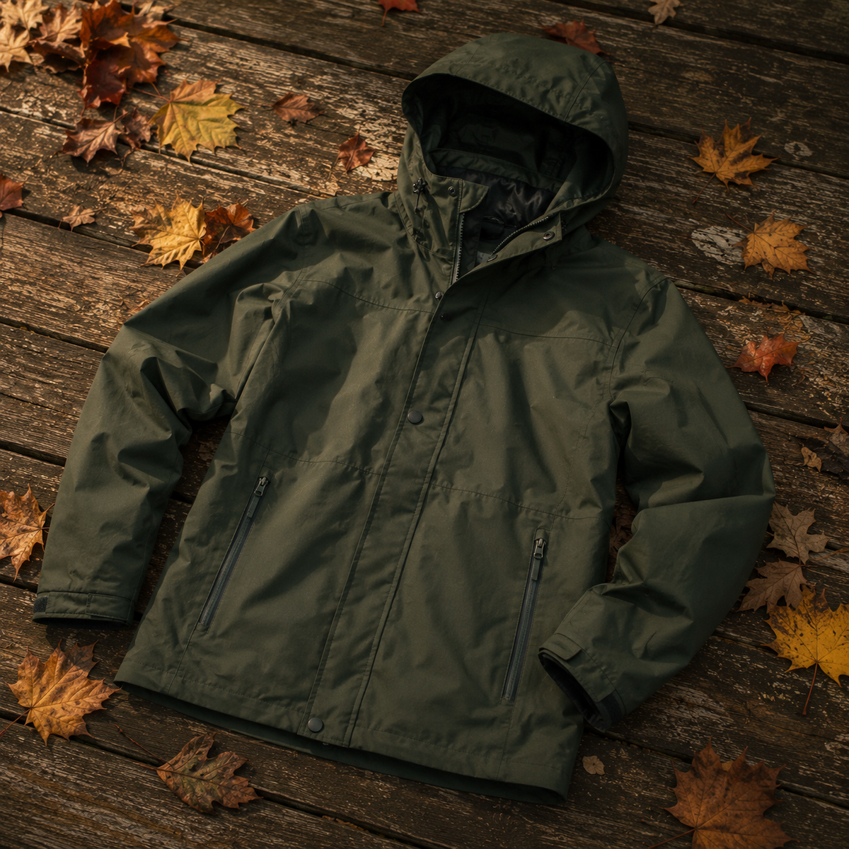 Green hooded waterproof jacket laid flat on rustic wooden planks with autumn leaves — AtlasGears