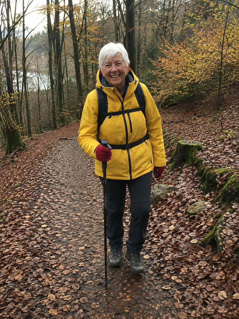 Smiling older woman hiking a leaf-covered forest trail in a yellow waterproof jacket with a backpack and trekking pole — AtlasGears